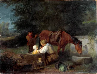 Una contadina con il suo bambino, un ragazzo di fattoria e un cavallo