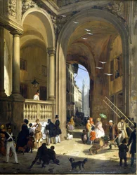 Milano, Piazza Mercanti, dipinto di Angelo Inganni, circa 1825.