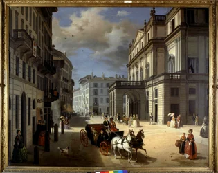 Rappresentazione della Piazza della Scala a Milano di Angelo Inganni. XIX secolo. Pinacoteca di Brera, Milano