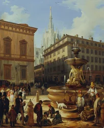 Veduta di strada a Milano, con il Duomo sullo sfondo