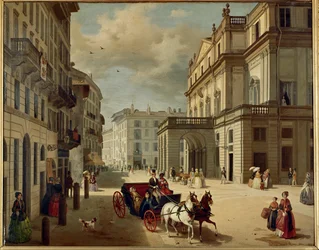 La facciata del Teatro della Scala di Milano, realizzata da Giuseppe Piermarini (dipinto su tela)