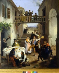 Cena di nozze nel cortile. Dipinto di Angelo Inganni