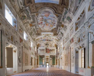 Soffitto della sala con i Quartieri di Bologna, Sala delle Guardie, Palazzo Ducale di Este, Sassuolo, Italia