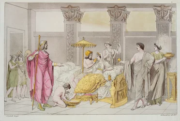 Il matrimonio di Ulisse e Penelope, illustrazione da Le Costume Ancien ou Moderne di Jules Ferrario, inciso da A. Biasoli, Milano 1821 (incisione a colori)