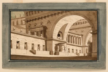 Scenografia, esterno del palazzo, sala sepolcrale