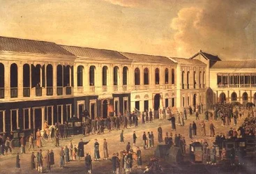 Veduta degli Hongs sul lungomare di Canton, c.1825