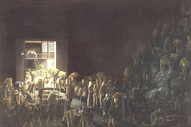 Riempimento di casse da tè; e produzione del tè nel primo processo, c.1820 (uno di una coppia) c.1820
