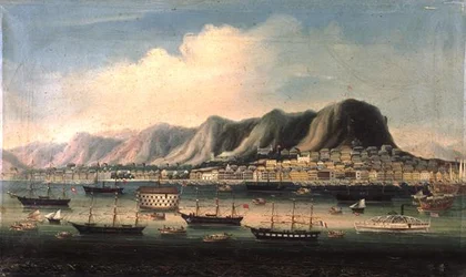 Vista di Hong Kong, con una prigione galleggiante e un piroscafo a pale nel porto