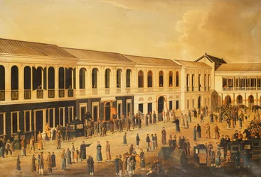 Veduta degli Hongs sul lungomare di Canton, c. 1825