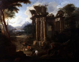Paesaggio classico con un pastore che abbevera il suo bestiame