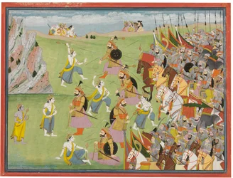 Un dipinto dal Mahabharata: Balabhadra combatte Jarasandha, Kangra o Garhwal, c.1810-20