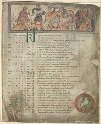 Pagina del calendario per maggio. Custodia delle pecore. Due pastori con il loro gregge, uno che tiene un bastone, e tre figure sedute. In basso, Ariete in un tondo