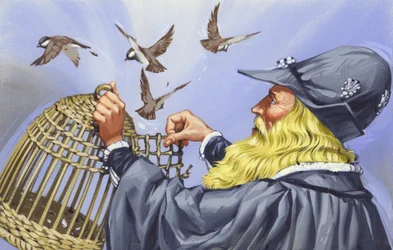 Leonardo Da Vinci, che acquistò uccelli in gabbia per lasciarli liberi (gouache su carta)