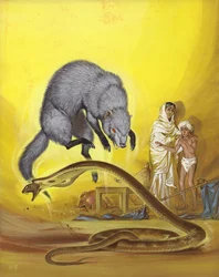 Mangusta che uccide un serpente in una casa indiana (gouache su carta)