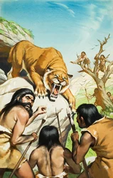 Tigre dai denti a sciabola e uomini delle caverne (gouache su carta)