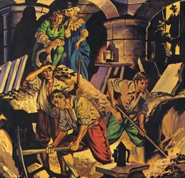 Samuel Pepys alla ricerca di un gruzzolo di denaro presumibilmente nascosto nella Torre di Londra (litografia a colori)