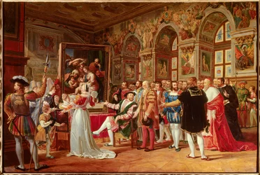 Il secolo di Francesco I: Francesco I re di Francia riceve il dipinto della Sacra Famiglia a Fontainebleau, inviato da Roma da Raffaello come tributo alla sua gratitudine