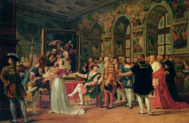 Francesco I (1494-1547) riceve un dipinto della Sacra Famiglia di Raffaello