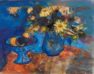Fiori e frutta su blu e arancione