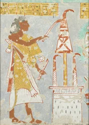Copia di pittura murale, tomba privata 296 di Nefersekhemru, Tebe, arpa cieca, XX secolo