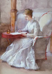 Una donna in bianco che scrive a una scrivania, c1864-1930