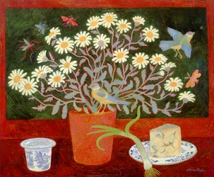 Vaso di argilla con margherite