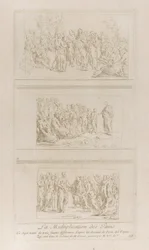 Tre studi separati per i miracoli dei pani, mostrando Cristo in piedi, ca. 1729-40