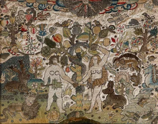 Un quadro ricamato raffigurante Adamo ed Eva