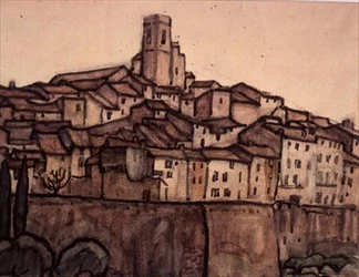 Vista di una città murata con tetto che sale a una torre quadrata su una collina