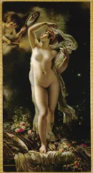 Danae, che si guarda in uno specchio sorretto da Cupido (olio su tela)
