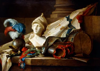 Busto di Minerva con armatura e armi su un cornicione di pietra, 1777