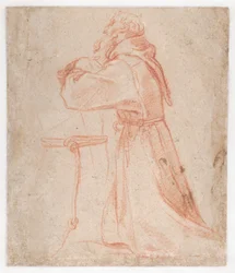 Carracci - Studi per una figura di San Francesco inginocchiato di profilo (verso), 1583-85