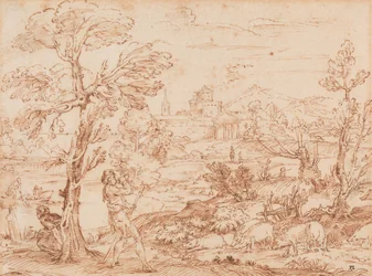 Paesaggio con mandriano e maiali,
XVI-inizio XVII secolo (Penna e inchiostro su carta)