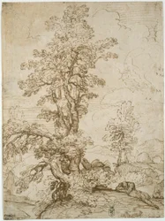 Paesaggio con uomo che dorme sotto un albero (recto); Paesaggio con cavaliere (verso)