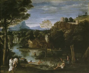 Paesaggio con fiume e bagnanti