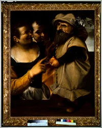 Uomo e donna che ammirano un bambino in costume da mascherata, c.1582-85