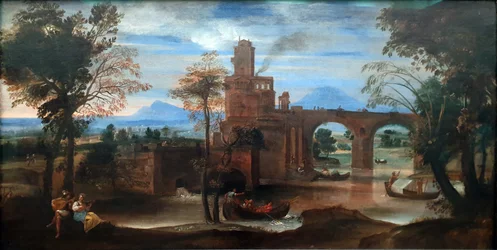 Paesaggio fluviale romano con forte e ponte