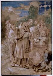 San Carlo Borromeo battezza un bambino. La pecora morta e gli schizzi di strati di corpi accanto ai quali un uomo si tappa il naso per non respirare l