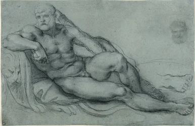 Studio di Ercole che riposa, con studi separati della testa e del piede (recto); disegno a griglia rettangolare (verso)