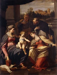 La Madonna e il Bambino con i santi Lucia, Domenico e Luigi di Francia, un paesaggio con una città oltre una finestra
