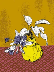 Mele cotogne e fiori viola