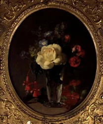 Natura Morta di una Rosa Gialla, Mignonette e Fucsie