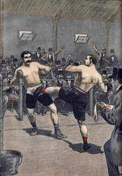 Un assalto di boxe: vittoria del campione francese Joseph Charlemont (1839-1918) contro Jerry Discroll con la tecnica della 