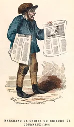 Un venditore di giornali nel 1845, incisione, collezione privata