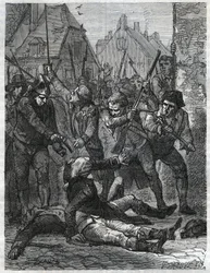 Una scena durante il periodo della Rivoluzione francese: Théobald de Dillon (1745-1792) e un ufficiale genio di nome Berthois, massacrati dai soldati e dal popolo di Lille, che li accusavano di tradimento. Incisione del 1866 in 