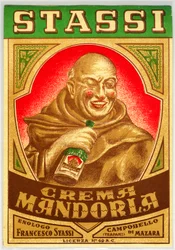 Pubblicità per liquore alle mandorle con un monaco dalle guance rosse