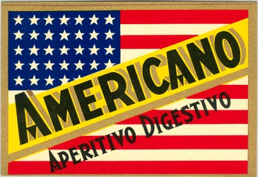 Pubblicità per il drink italiano Americano, con bandiera americana
