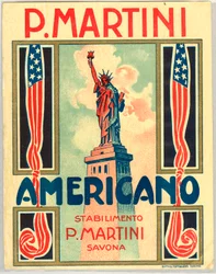 Pubblicità per il drink italiano Americano, con bandiera americana e statua della libertà