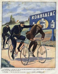 Pubblicità per la vernice Robbialac: i poliziotti accusano un ciclista di aver rubato la sua bicicletta perché sembra nuova grazie alla vernice Robbialac. Incisione in 