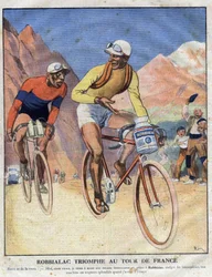 Pubblicità per la pittura Robbialac: "Robbialac trionfa al Tour de France". Un ciclista vende i meriti della pittura Robbialac per la sua bici. Incisione. Una di "Il Piccolo Giornale Illustrato"